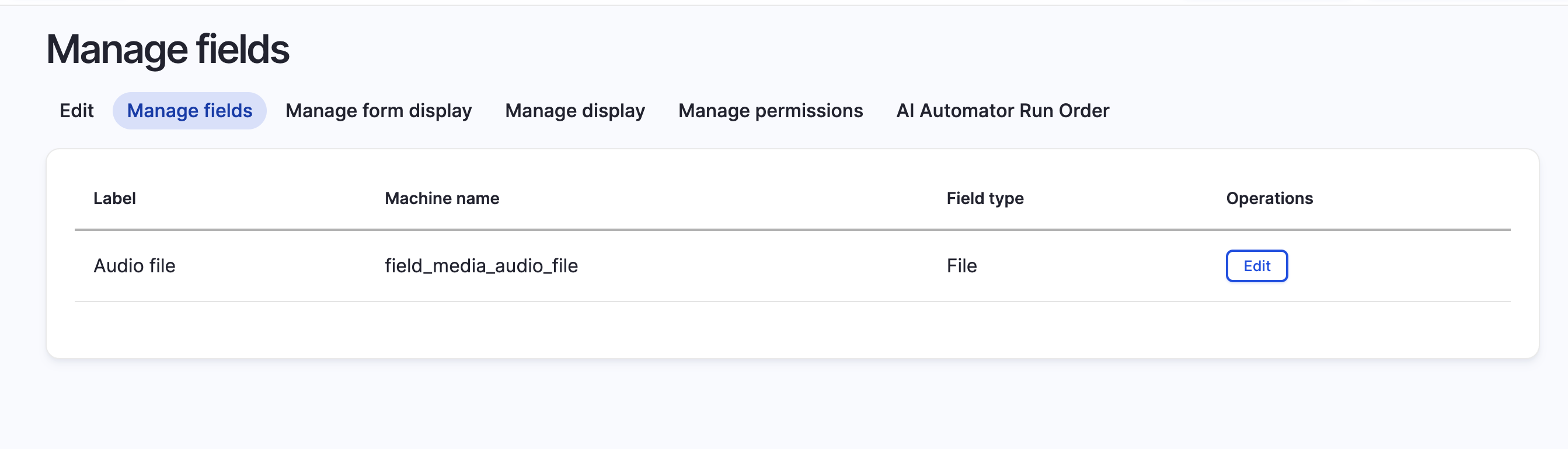 Audio media type fields configuration