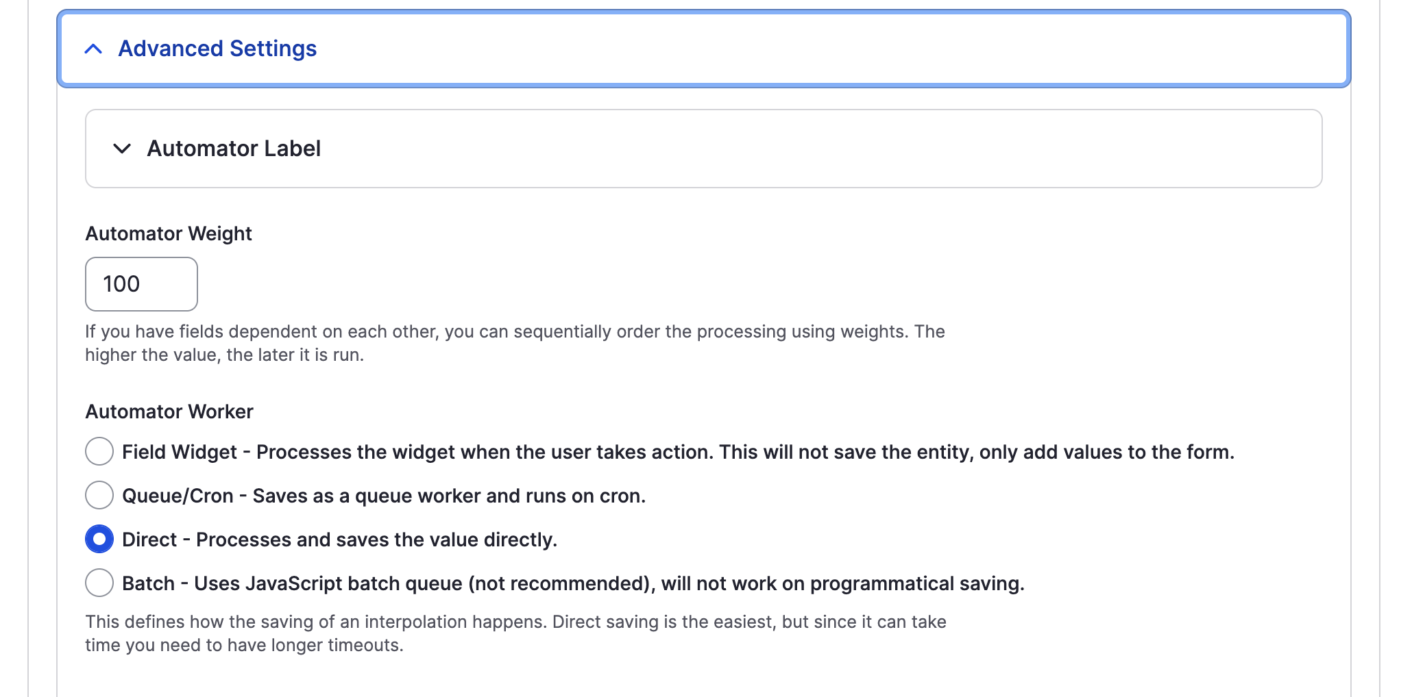 Advanced settings showing weight and worker configuration