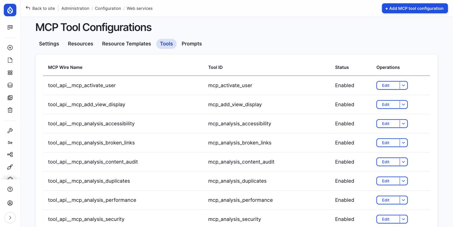 An admin screen listing MCP tool configurations, each row showing a tool name alongside its ID and Enabled status