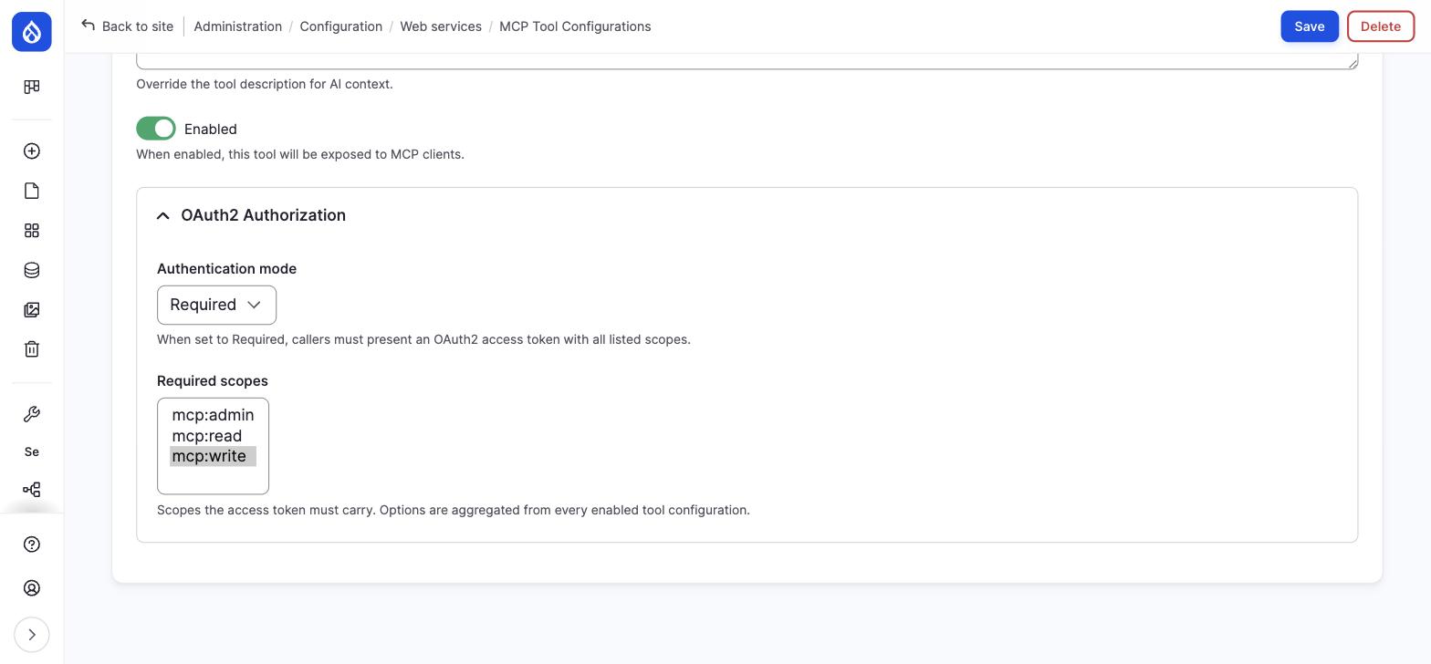A tool configuration screen showing authentication mode set to Required and the write scope selected