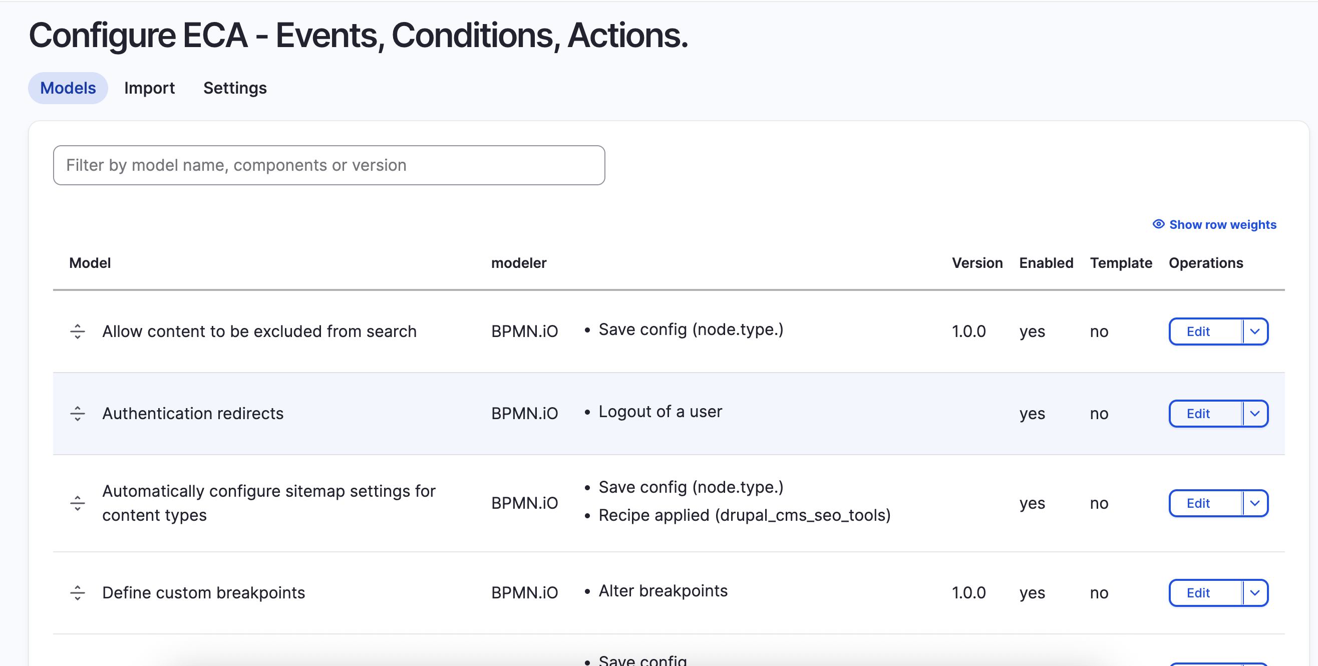ECA overview showing installed modules and configuration options