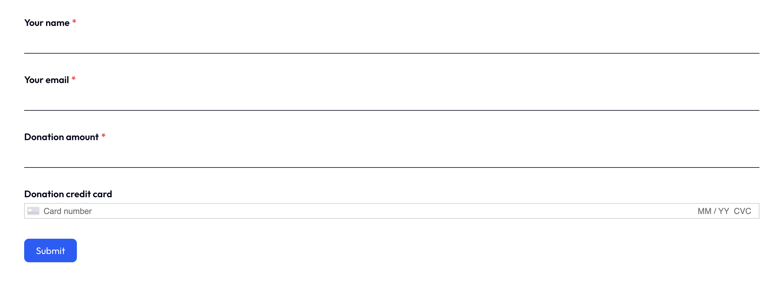 Stripe donation form with payment fields and submission button
