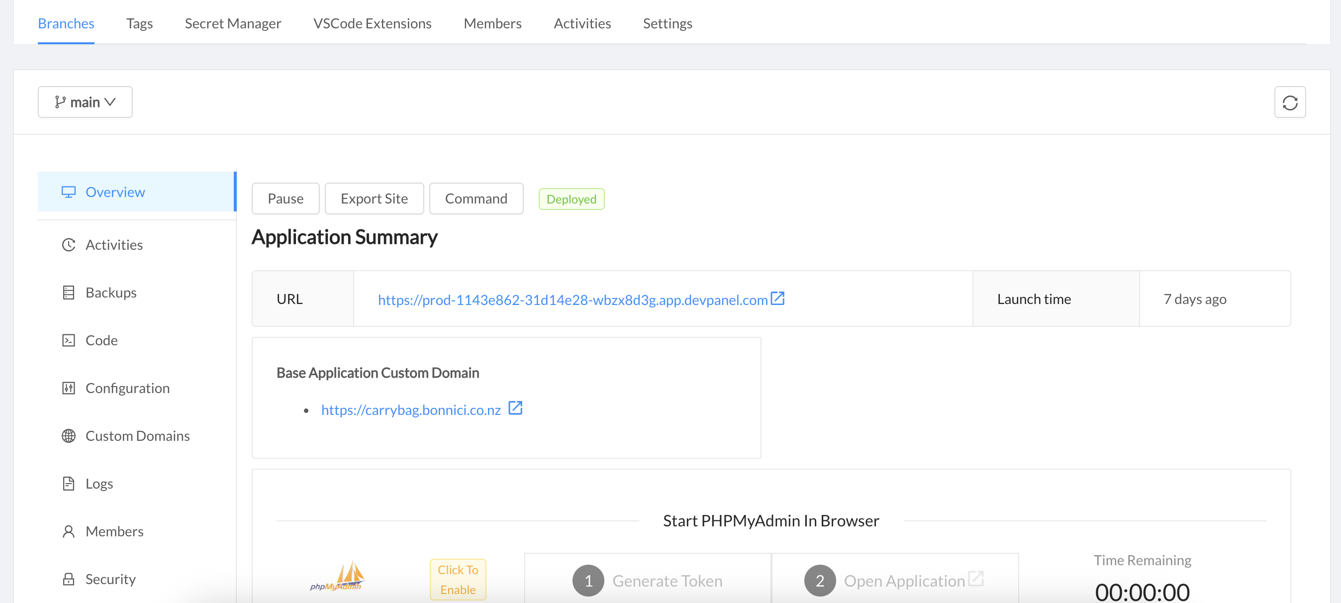 DevPanel application summary showing a deployed Drupal site with custom domain configured