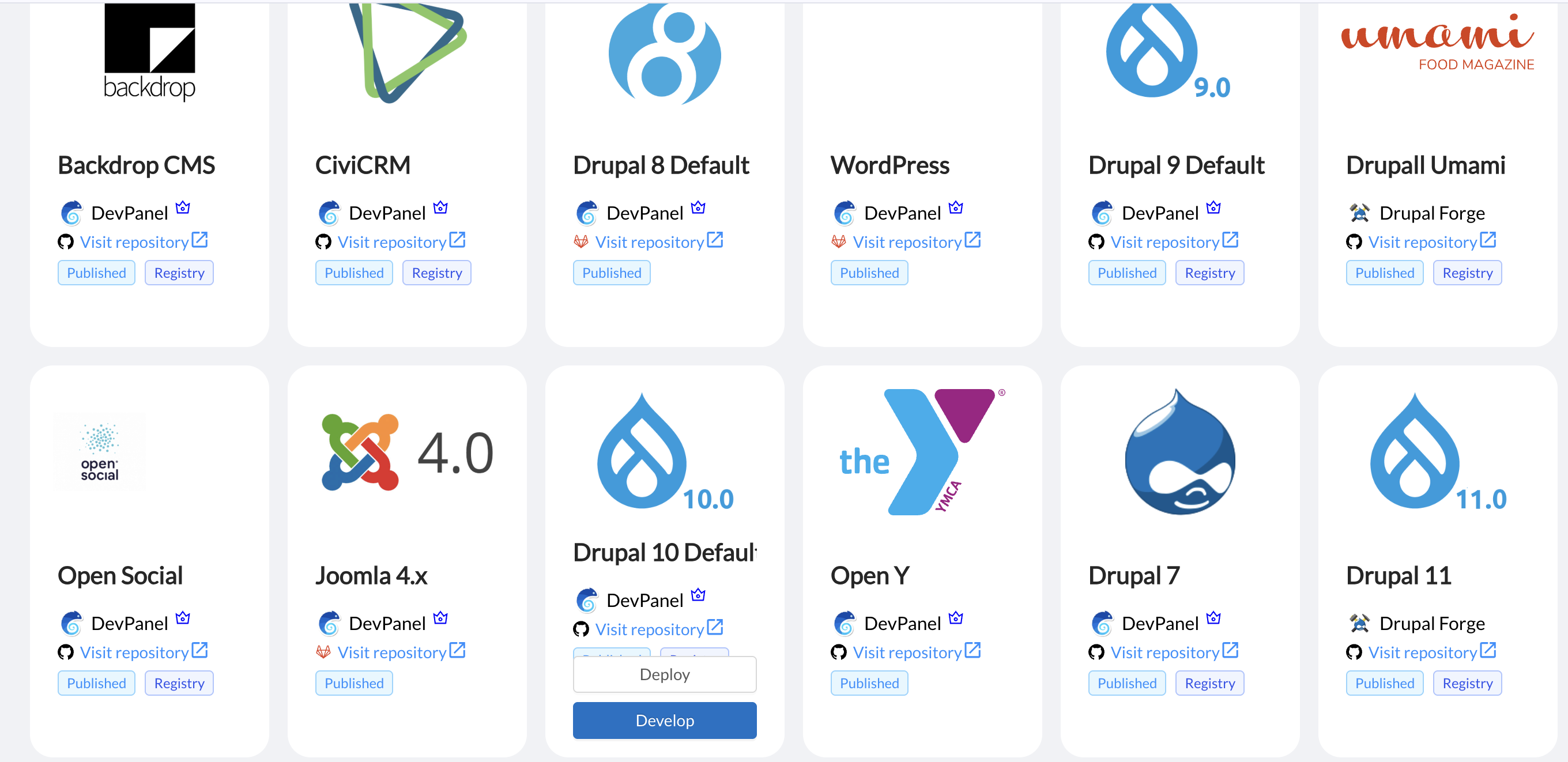 DevPanel template selection showing Drupal, WordPress, and CMS options